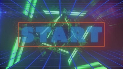 Poster - glowing geometric shapes and start text in futuristic neon grid animation