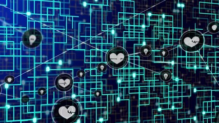 Poster - glowing heart icons connected by digital network lines on dark background
