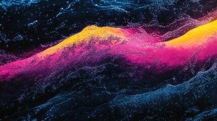 Poster - Vibrant abstract waves of color in motion, showcasing a blend of pink, yellow, and blue against a dark backdrop