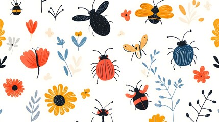 whimsical scandinavian style hand drawn bugs and flowers illustration