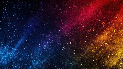Poster - Vibrant cosmic background with colorful dust particles and a gradient of blue, red, and yellow hues