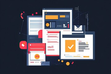 Abstract Stacked UI Elements Website Pages, Forms, Graphs, and Tick Marks Design