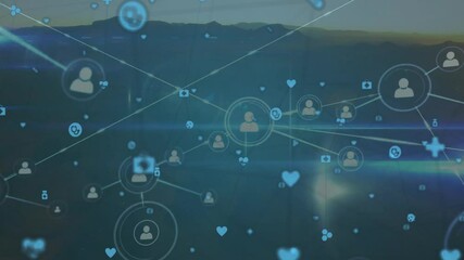 Poster - Animation of social media icons connecting over landscape background