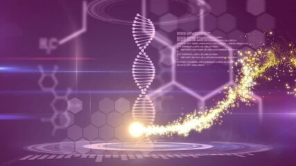 Poster - Animation of glowing DNA strand with digital data on purple background