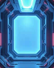 Poster - futuristic interior view, sci-fi, illuminated panels, blue light, digital interface, futuristic interior, space station