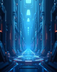 Fototapete - a futuristic sci-fi corridor bathed in vibrant blue light