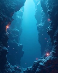 Poster - An awe-inspiring deep underwater cave with glowing specks of light, with light coming from the top