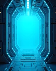 Poster - futuristic tunnel or hallway with bright blue glowing lights, suggesting a sense of advanced technology and a portal 