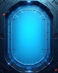 Poster - a futuristic porthole or portal with a mesmerizing blue center, framed by a metallic, tech-inspired design. It evokes a sense of advanced technology and space