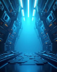Poster - an astronautical corridor lit by bright blue lights, evokes a sense of futuristic design and technological advanced