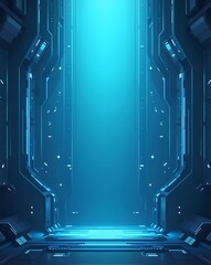 Poster - an futuristic tech design with glowing panels and an inviting, bright light. the scene is very futuristic and high-tech