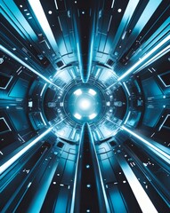 Poster - A futuristic sci-fi tunnel with glowing lights in blue tone