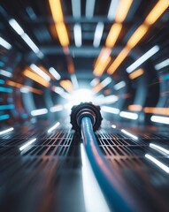Aufkleber - a blue cable plugged into a futuristic, abstract tunnel with glowing lines and patterns, suggesting technology and data transfer