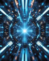 Aufkleber - futuristic tunnel with bright blue lights illuminating a mesmerizing technological scene. The tunnel has a circular design, with lines of bright blue lights