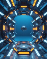 Aufkleber - futuristic interior design of a spaceship with technological elements and glowing lights. A central portal leads the eye towards a floating object, hinting at a vast, open expanse