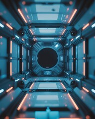 Poster - a futuristic interior, a tunnel or corridor of a spaceship, with a central circular opening. The walls are illuminated with neon lights, with a sci-fi atmosphere.