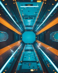 Poster - a futuristic spaceship corridor with a bright, glowing tunnel. The corridor is constructed from high-tech materials with a cool color palette