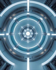 Poster - A futuristic abstract architectural design, featuring concentric circular structures with illuminated neon lights