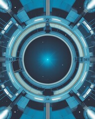 Poster - a futuristic portal with a bright blue center, it has a circular design and metallic details, suggestive of advanced technology. The portal’s interior is filled with stars.
