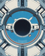 Poster - a futuristic spaceship window looking into outer space, revealing a glimpse of the vast cosmos. The circular window is framed by a high-tech design, with intricate details and cool tones