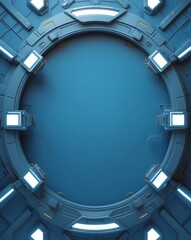 Poster - a futuristic sci-fi portal, a bright blue energy effect within a high-tech circular frame. The environment suggests a technological space station or spaceship