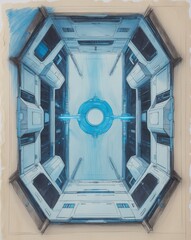 Poster - futuristic interior design, an abstract perspective view of a spaceship's control room, dominated by a bright, geometric-style layout. Featuring a central circular glowing element.