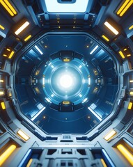 Poster - a futuristic spaceship corridor interior with bright lighting and technology