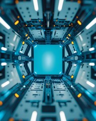 Poster - a futuristic space station corridor with bright lights and advanced technology, with a doorway at the end