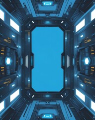 Poster - a futuristic spaceship interior with glowing lights and a blue portal or viewscreen. The scene evokes a sense of technological advancement and interstellar travel.
