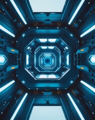 Poster - futuristic, geometric, abstract, tunnel design with glowing blue lights, creating a sense of depth and wonder