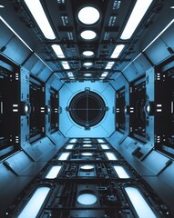 Poster - an interior shot of a futuristic spaceship corridor, with blue lighting and sleek metallic details