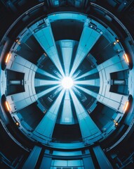 Poster - a detailed view of a futuristic, circular structure. The interior is a combination of geometric shapes and glowing lights. The design is modern and complex. 