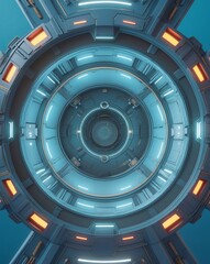 Poster - A futuristic technological circular structure with blue neon lights and intricate details