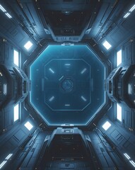 Poster - a futuristic spaceship interior with a bright blue core. The scene features a symmetrical design with glowing lights and detailed mechanical components. 