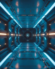 Poster - A futuristic spaceship corridor with neon blue lights, creating a sense of wonder and technological advancement. The symmetrical design leads the eye down a tunnel toward a central point.
