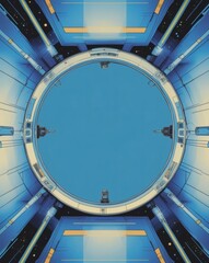 Poster - a unique circular window in a futuristic spacecraft, offering a view of a vast, blue space
