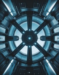 Poster - an interior view of a futuristic space station with a circular design and advanced technological elements. The image is filled with a cool blue hue 