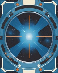 Poster - view of outer space seen through a spacecraft window, filled with stars and a bright light in the center. The window has a complex design with blue and dark accents.