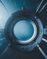 Poster - an abstract illustration of a large, futuristic circular structure with a bright, light-filled center. The structure's metallic elements create interesting visual patterns and shapes.