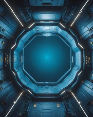 Poster - an impressive interior design of a futuristic spaceship or spacecraft, with intricate details and cool blue lighting. The circular window or portal offers a glimpse into the unknown