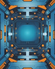 Poster - futuristic interior design with intricate details and glowing lights in a spacecraft or high-tech environment. The symmetrical layout and vibrant colors create a sense of wonder and technology