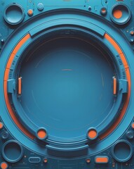 Poster - a blue and orange metallic futuristic circular machine element. It has intricate details and a glowing center