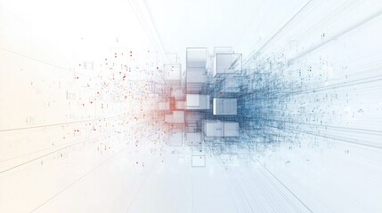 Poster - Futuristic digital structure with interlocking cubes and dynamic lines. Geometric blocks in blue and red hues surrounded by data points, creating advanced tech-inspired visual scene.