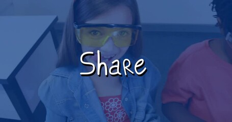 Poster - Wearing yellow safety glasses, child in school with animation text overlay