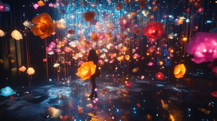Fototapete - Floating neon particles gently moving in a dark void, evoking a sense of futuristic wonder and digital fluidity.