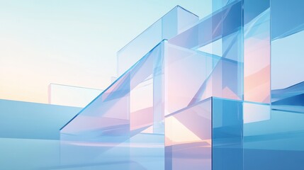 Poster - floating translucent shapes with blue light dispersion, creating a futuristic abstract 3d glass aest