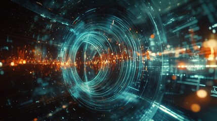Fototapete - Futuristic infographic with intertwining musical sound streams, dots and particles forming a tech-inspired rhythm