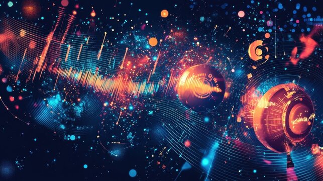 Futuristic infographic with intertwining musical sound streams, dots and particles forming a tech-inspired rhythm