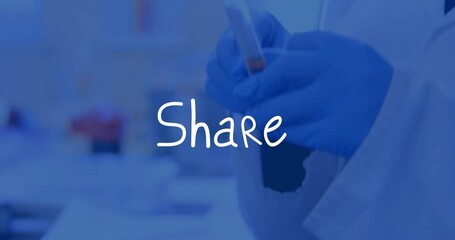 Poster - Handling test tube with gloves, animation of 'Share' text overlay in laboratory