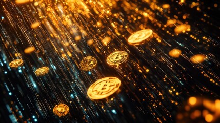 Fototapete - Glowing gold tokens emerging from a dark background filled with neon binary streams